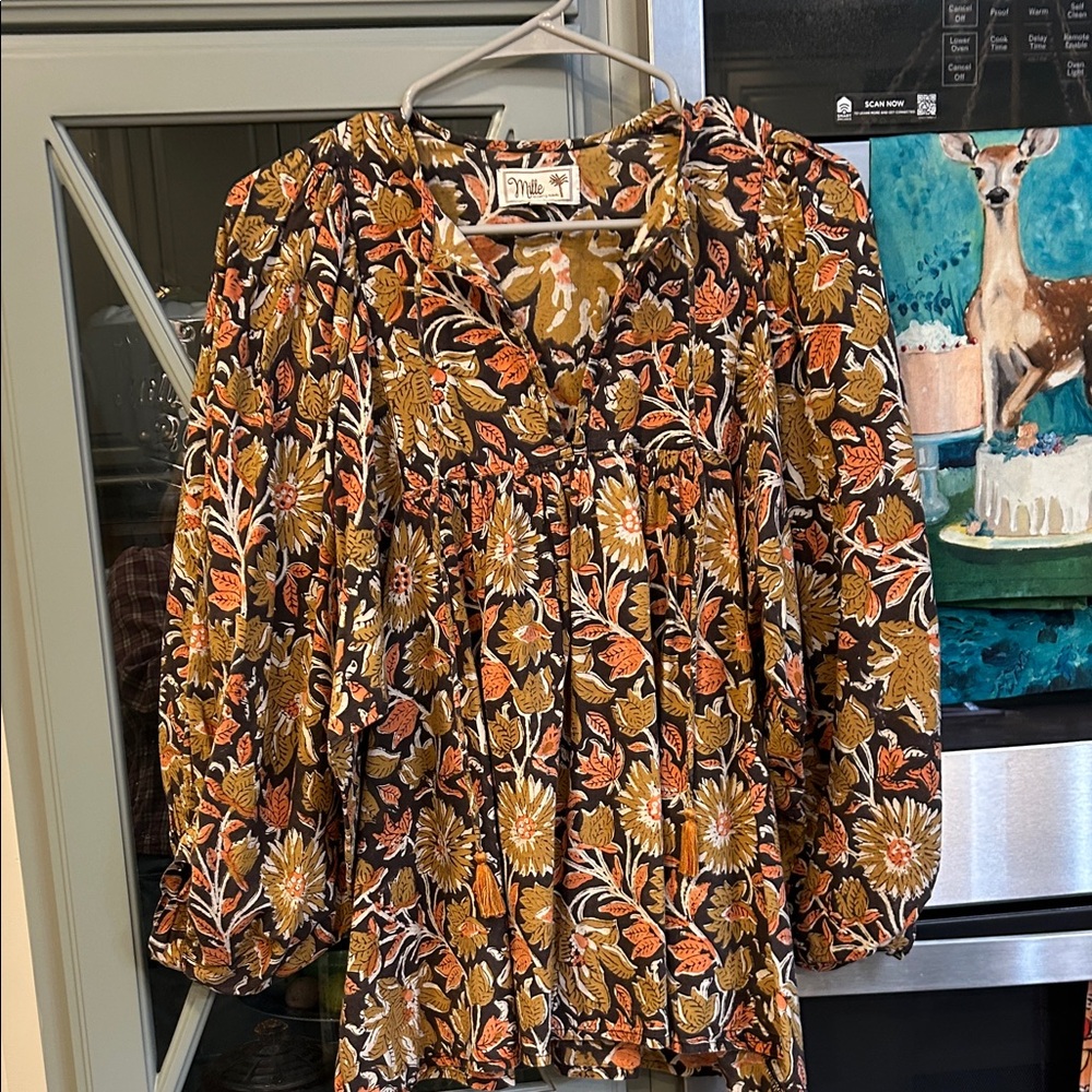 Mille Luxury Resortwear Fall Floral Charlie Cotton Peasant Top XS